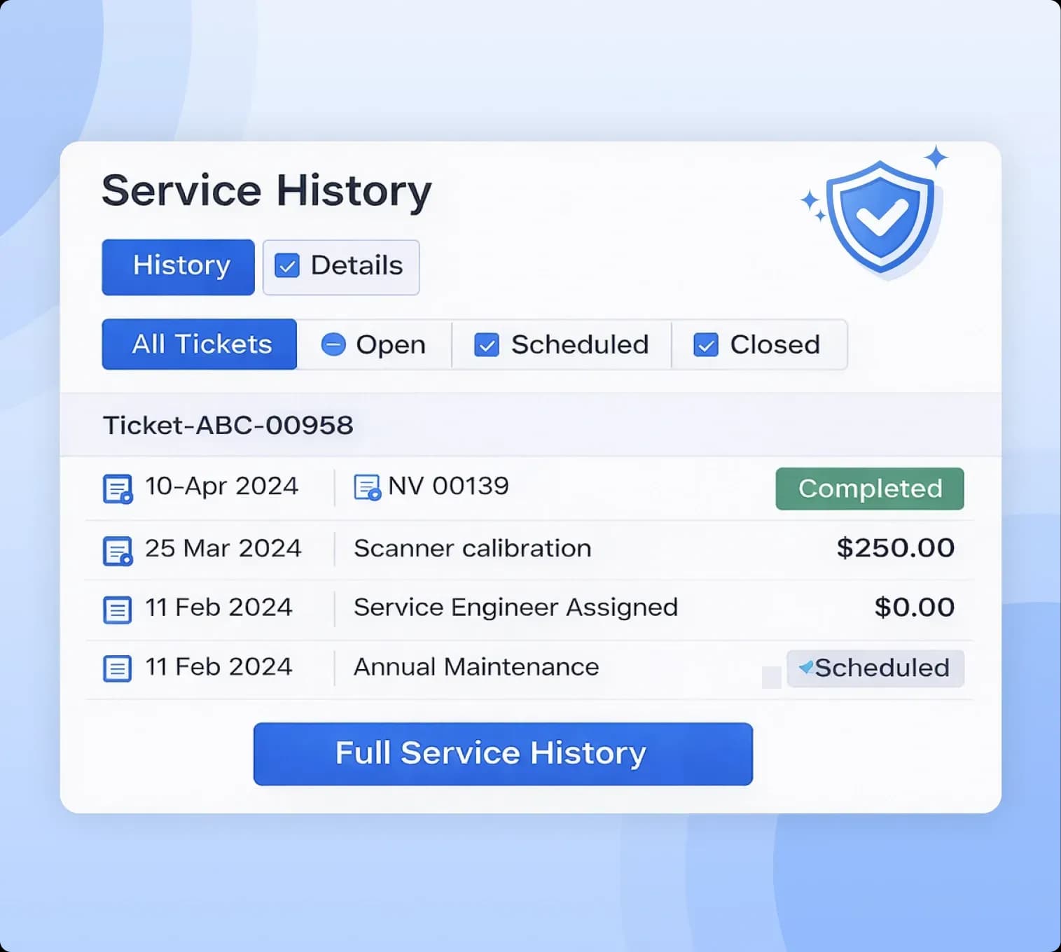 Service History and Warranty